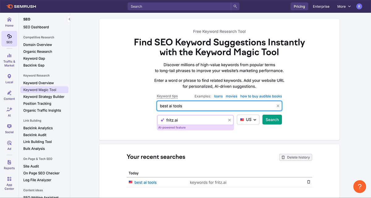 AI-powered keyword research interface