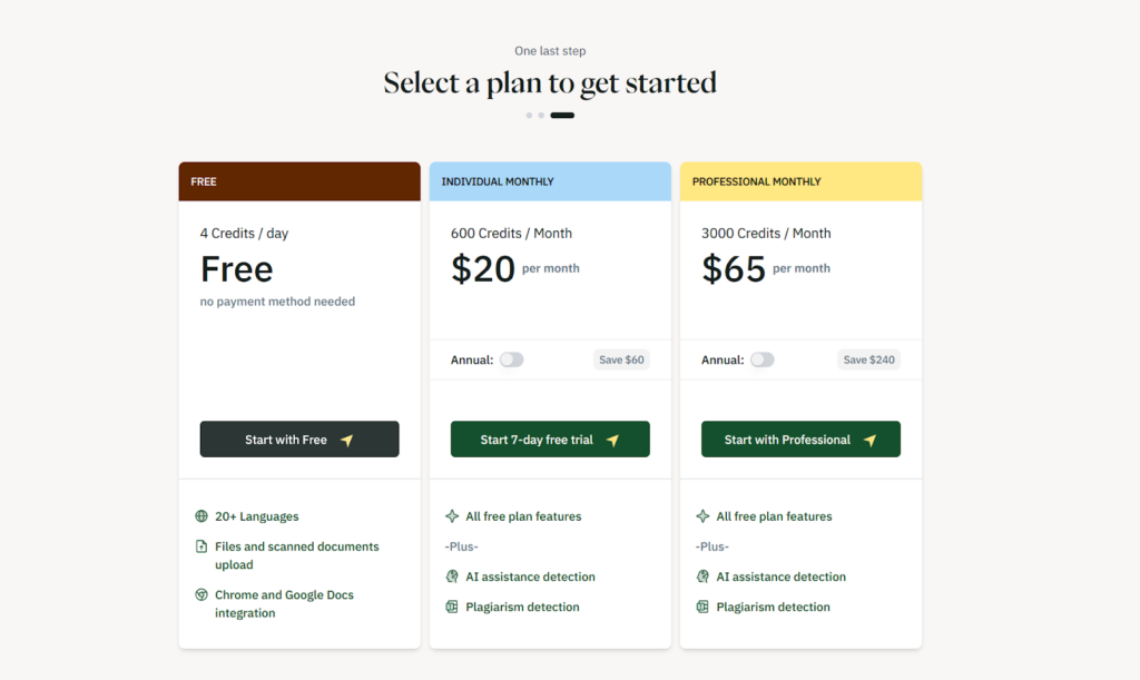 Pangram plans: Free, Individual and Professional