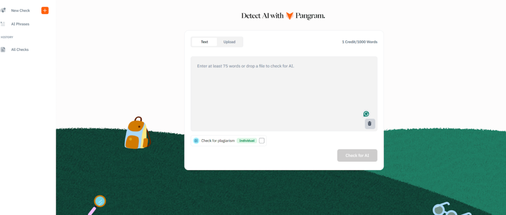 Pangram new check screen with plagiarism toggle