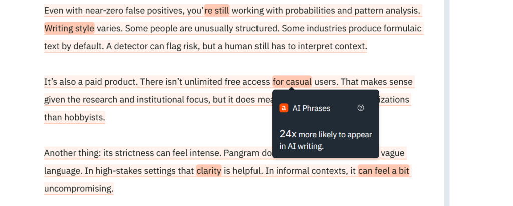 Pangram scan report highlighting AI phrases