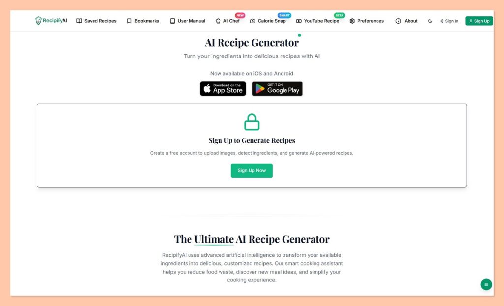 RecipifyAI homepage