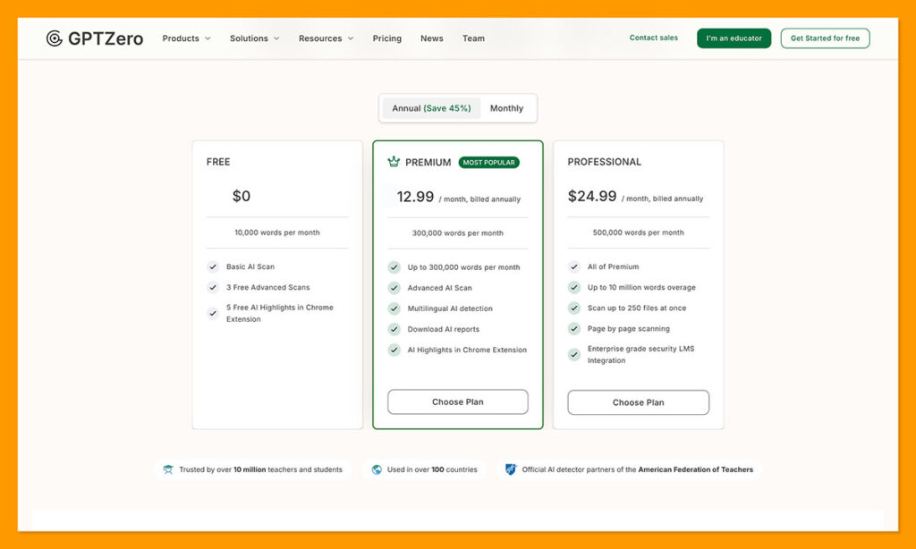 gptzero pricing plans