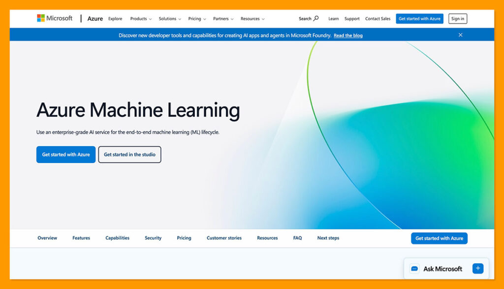 Microsoft Azure Machine Learning homepage