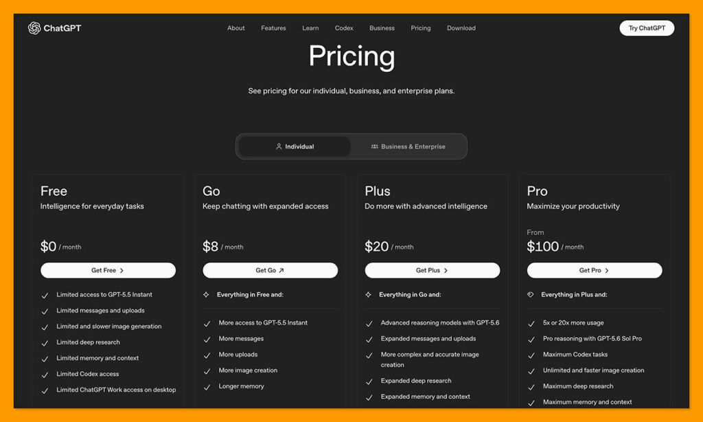 chatgpt pricing palns fees