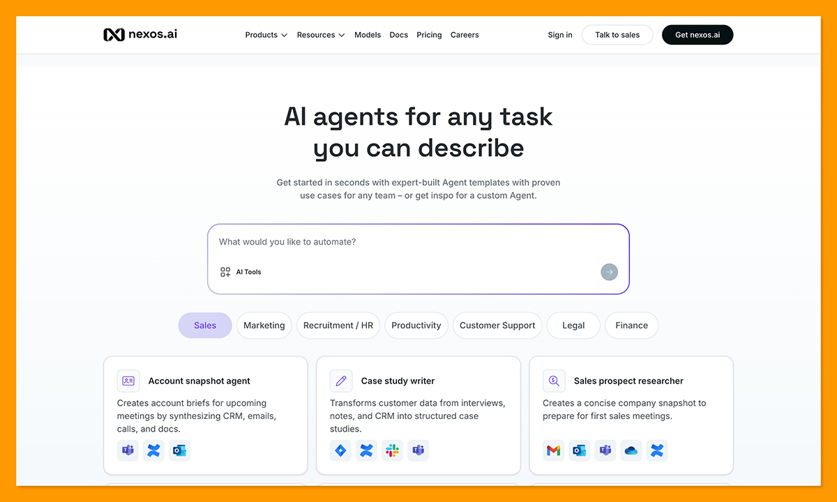 nexos.ai workspace with agent templates and a prompt for creating an AI agent