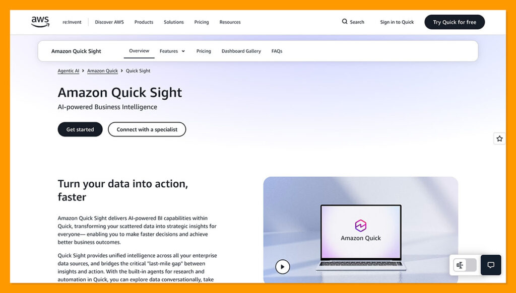 Amazon Quick Sight homepage