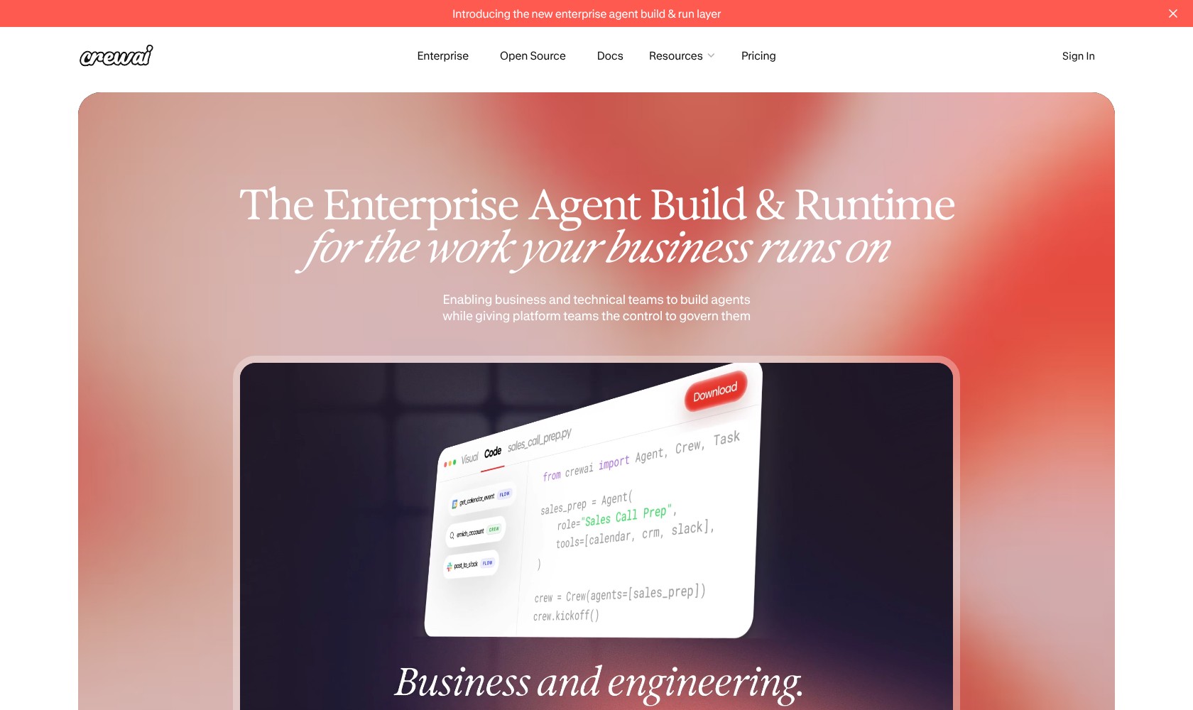 CrewAI homepage showing its AI agent platform