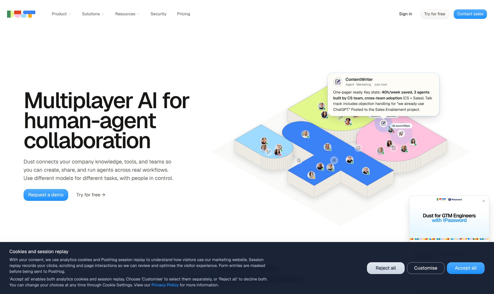 Dust homepage showing its AI agent platform