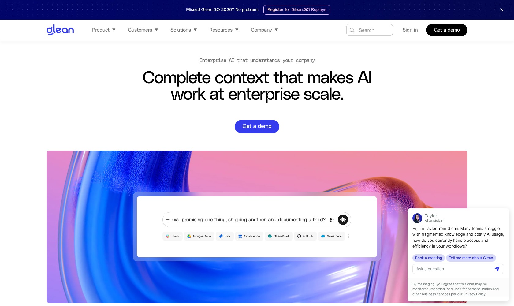 Glean homepage showing its AI agent platform