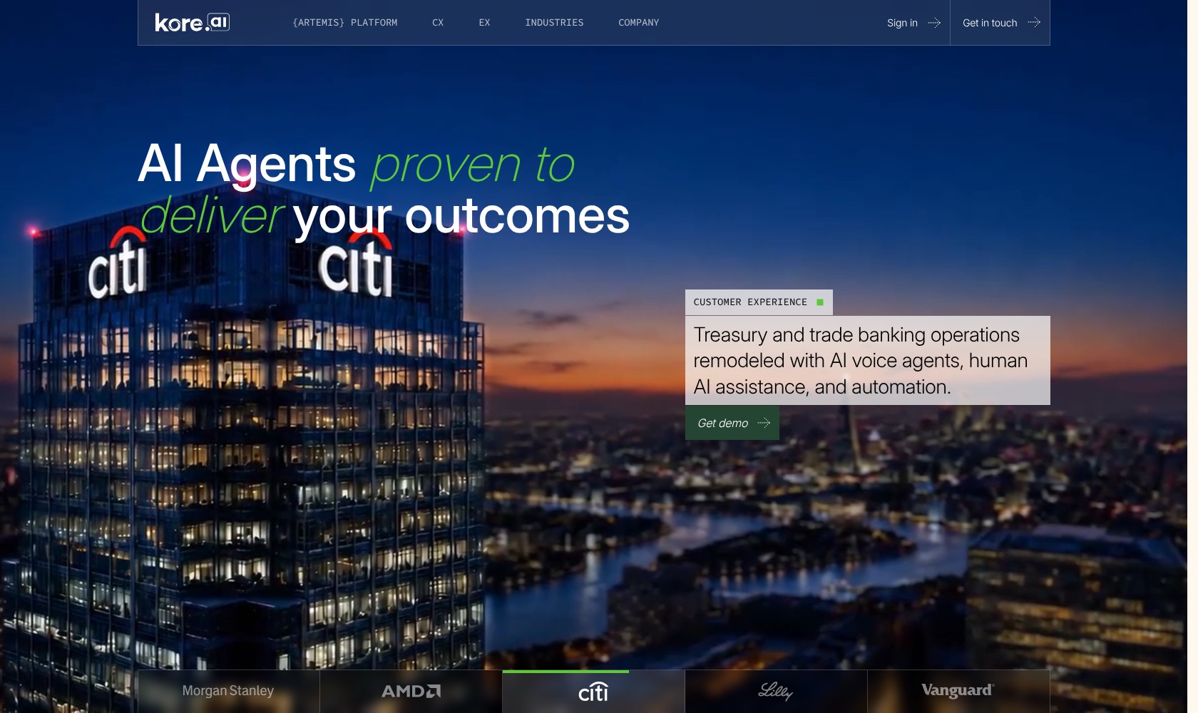 Kore.ai homepage showing its AI agent platform