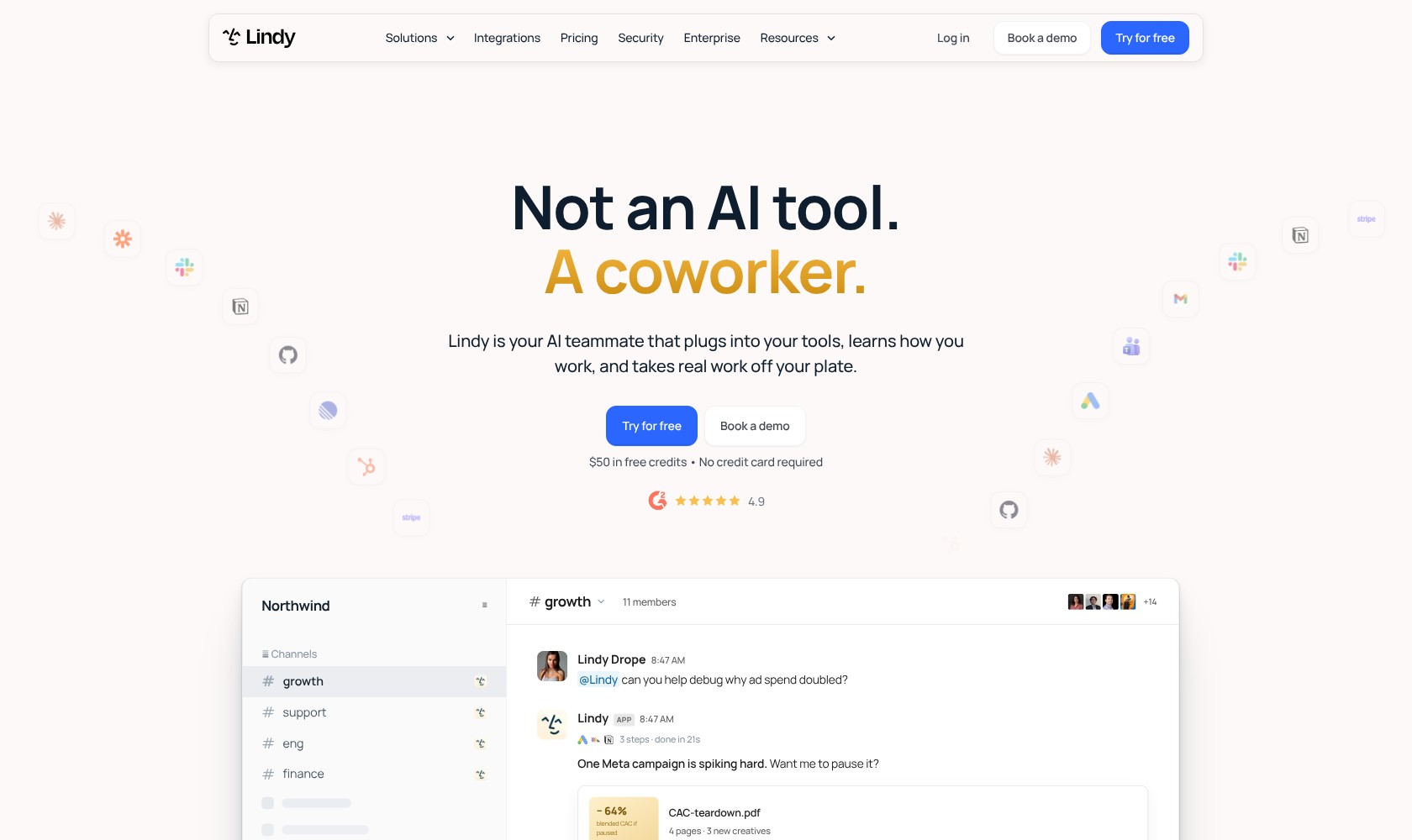Lindy homepage showing its AI agent platform