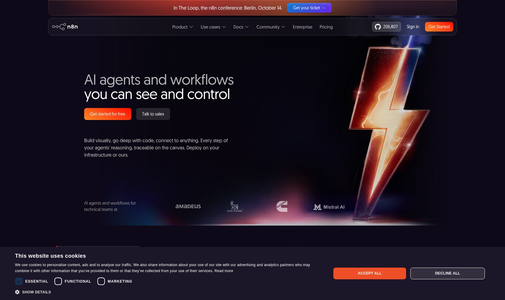n8n homepage showing its AI agent platform