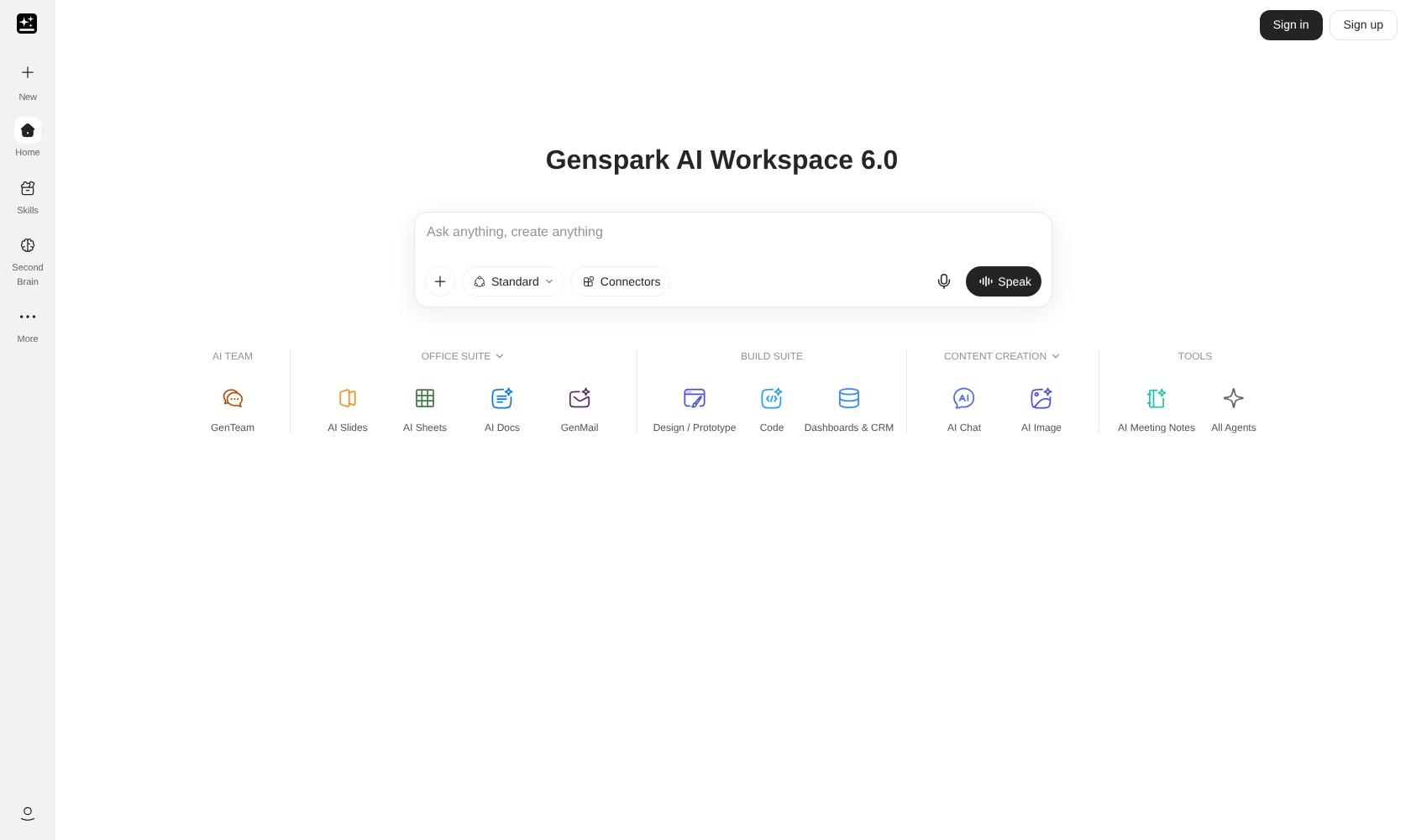 Genspark AI Workspace with slides, sheets, documents, code, and agent tools.