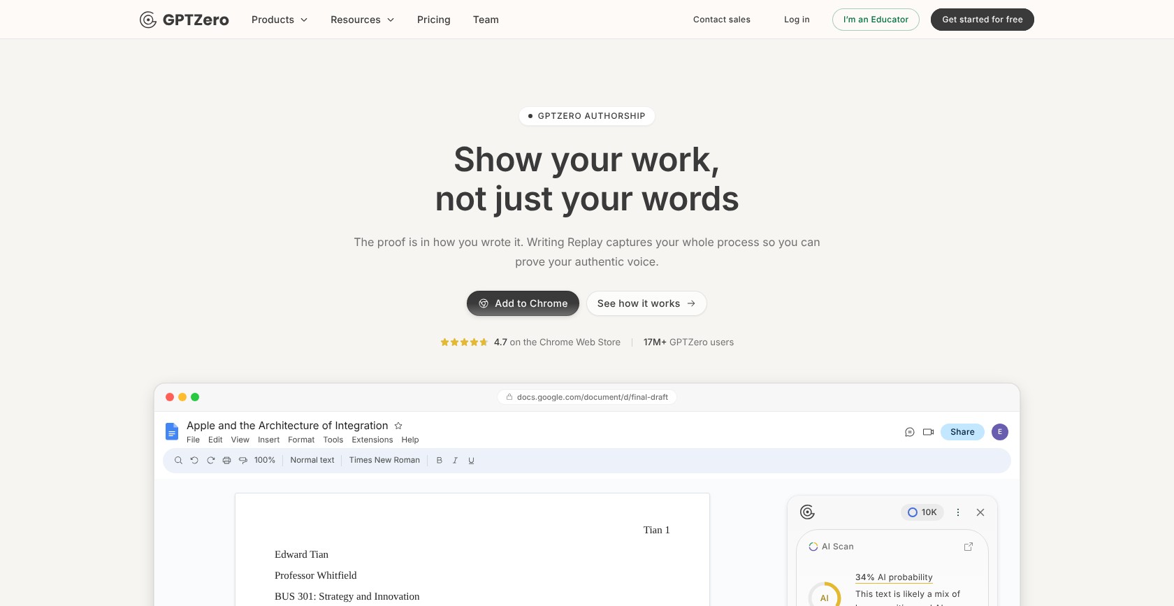 Gptzero Authorship product page