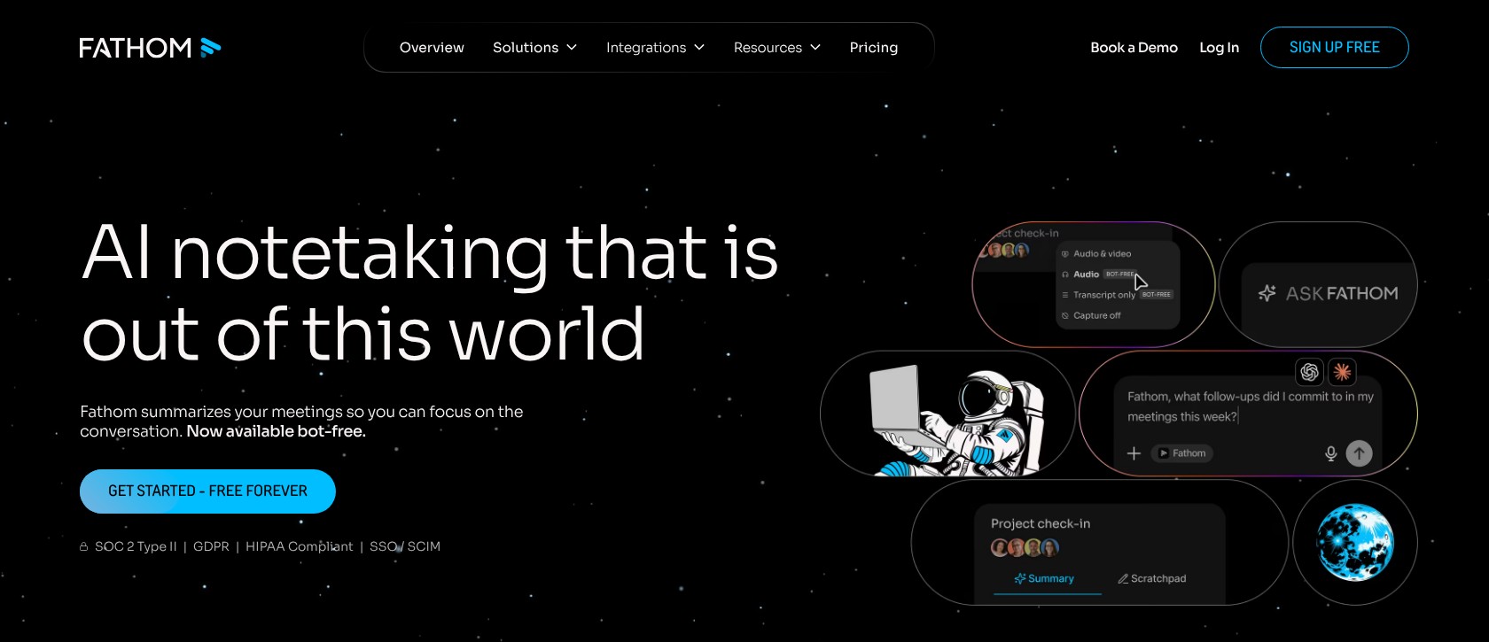 Fathom homepage showing its AI meeting notes and capture options
