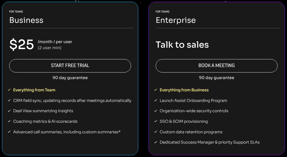 Fathom Business and Enterprise pricing cards