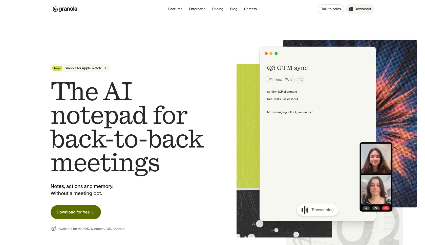 Granola homepage illustrating its AI notepad and bot-free meeting capture