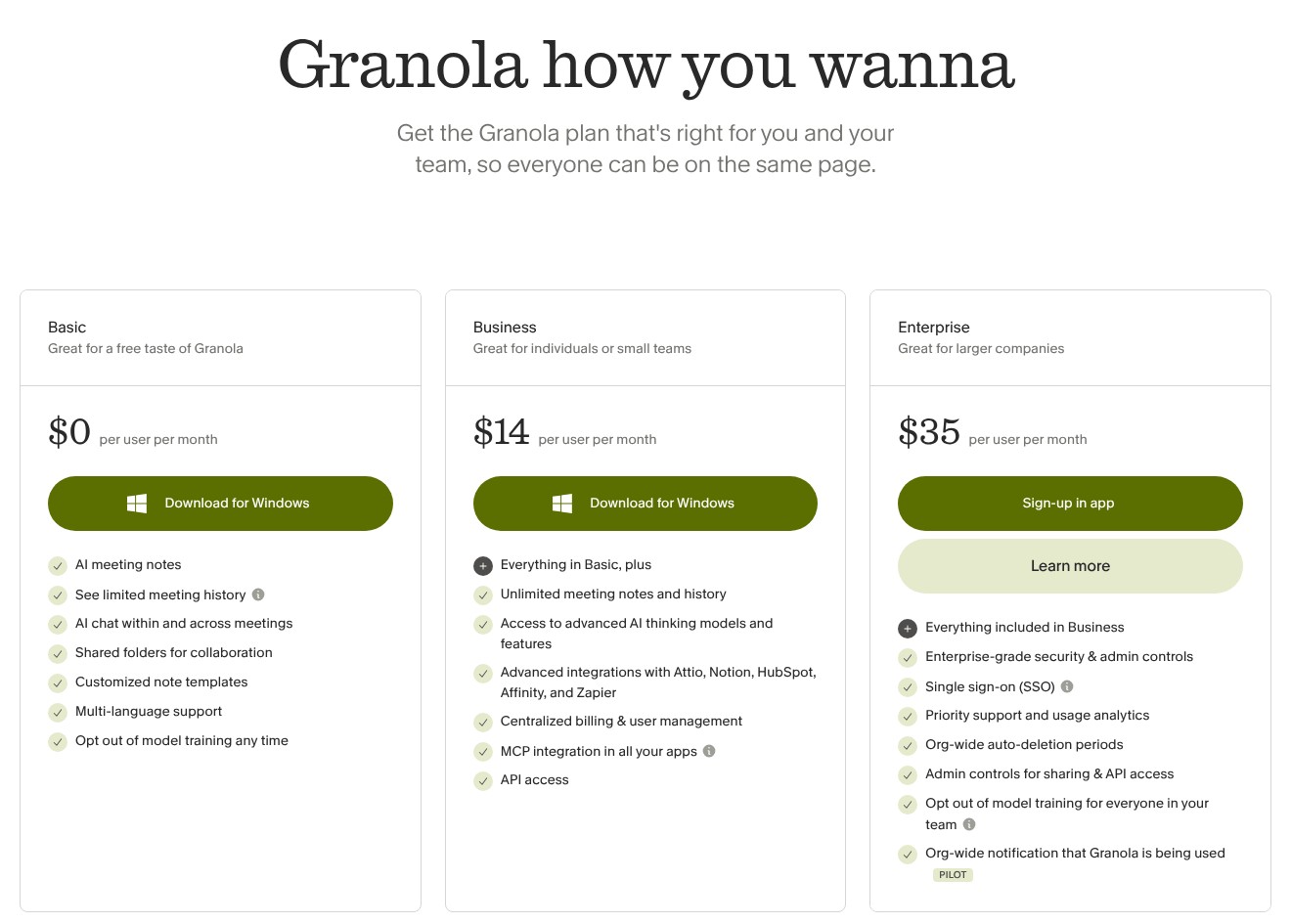 Granola pricing page showing Basic, Business and Enterprise plans