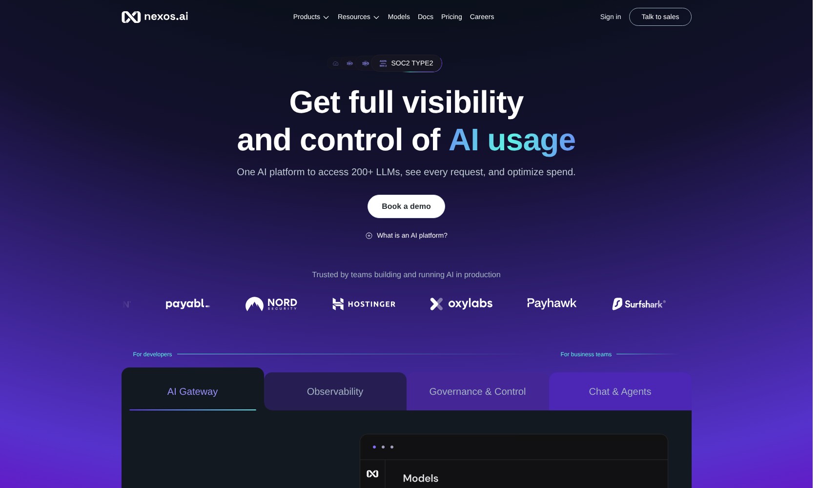 nexos.ai homepage highlighting access to more than 200 AI models.